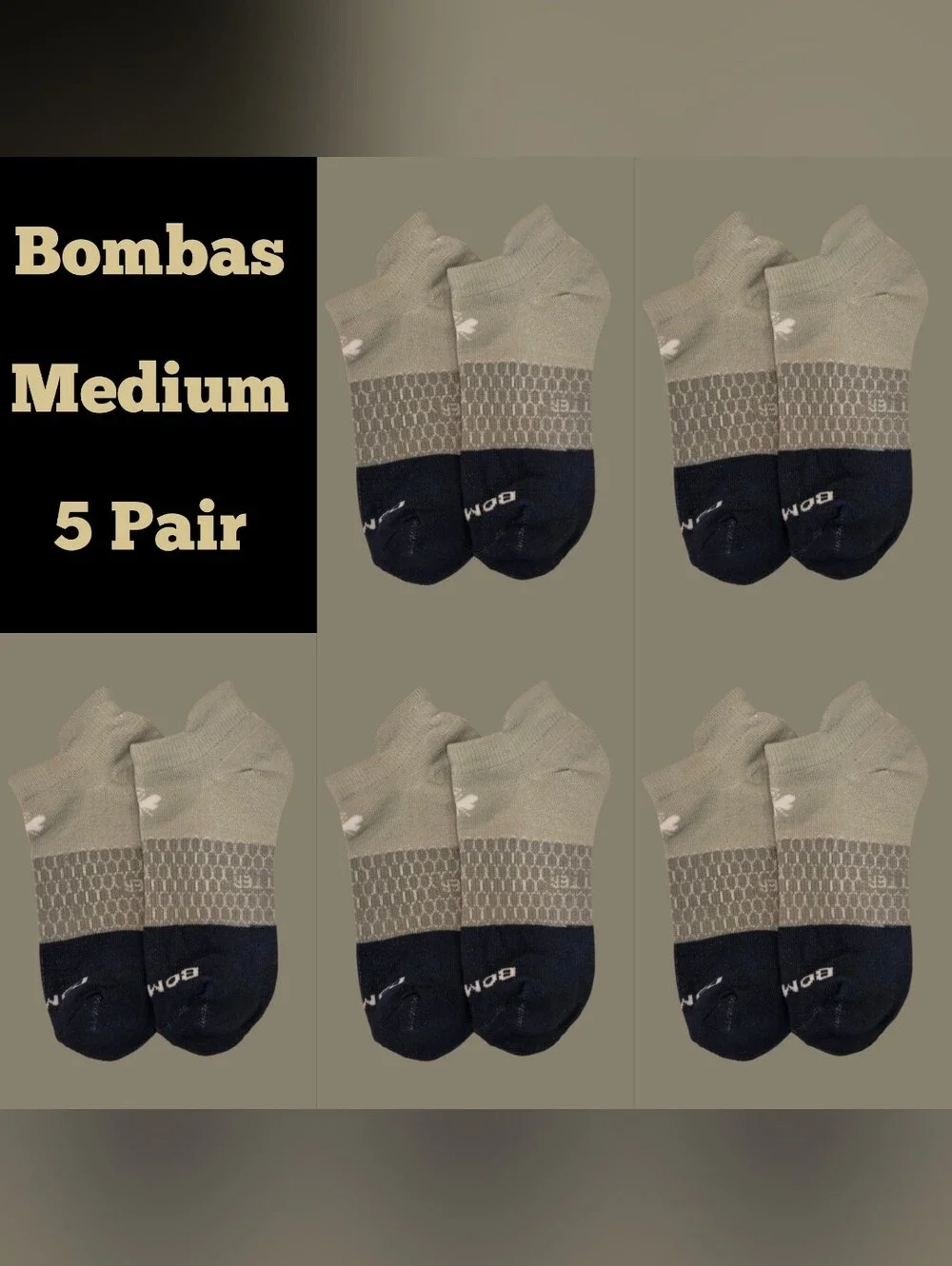 Bombas Medium Ankle Socks Navy Blue&Light Sage Green 5 Pair NWT Unisex Honeycomb